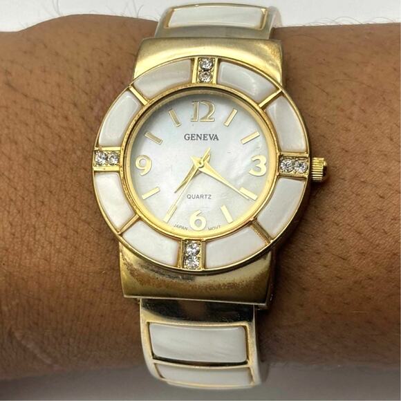 Gold & White Geneva Cuff Watch - Picture 1 of 4